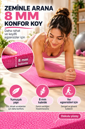 Pembe Pilates Yoga Matı Dokulu Egzersiz Fitness Minderi Evde Spor ve Esneme Minderi 170x56 cm 8 mm