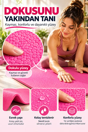 Pembe Pilates Yoga Matı Dokulu Egzersiz Fitness Minderi Evde Spor ve Esneme Minderi 170x56 cm 8 mm