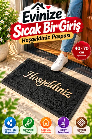 Siyah 40x70 cm Hoşgeldiniz Yazılı Kapı Önü Paspası Kıvırcık Dokulu Altın Yazılı Dekoratif Ev Paspası