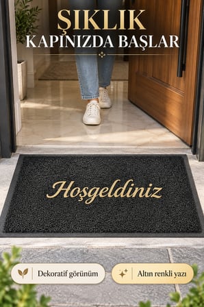 Siyah 40x70 cm Hoşgeldiniz Yazılı Kapı Önü Paspası Kıvırcık Dokulu Altın Yazılı Dekoratif Ev Paspası