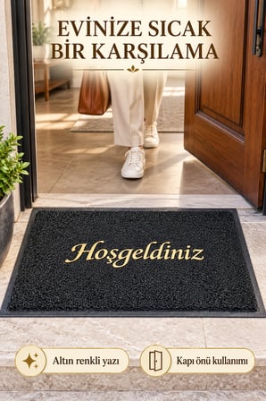 Siyah 40x70 cm Hoşgeldiniz Yazılı Kapı Önü Paspası Kıvırcık Dokulu Altın Yazılı Dekoratif Ev Paspası
