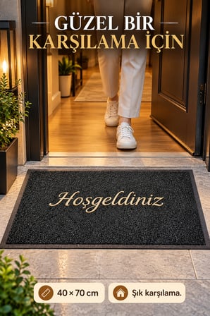 Siyah 40x70 cm Hoşgeldiniz Yazılı Kapı Önü Paspası Kıvırcık Dokulu Altın Yazılı Dekoratif Ev Paspası