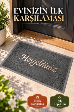 Gri 40x60 cm Hoşgeldiniz Yazılı Kapı Önü Paspası Kıvırcık Dokulu Altın Yazılı Dekoratif Ev Paspası