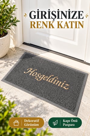 Gri 40x60 cm Hoşgeldiniz Yazılı Kapı Önü Paspası Kıvırcık Dokulu Altın Yazılı Dekoratif Ev Paspası