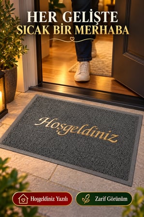 Gri 40x60 cm Hoşgeldiniz Yazılı Kapı Önü Paspası Kıvırcık Dokulu Altın Yazılı Dekoratif Ev Paspası