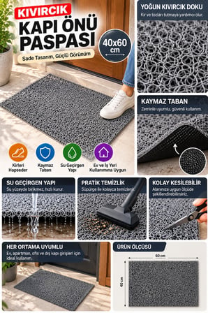 Gri Düz Kıvırcık Kapı Önü Paspası 40x60 cm Kaymaz Taban Dış Kapı Giriş Paspası PVC