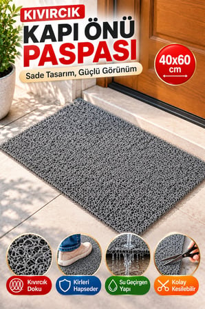 Gri Düz Kıvırcık Kapı Önü Paspası 40x60 cm Kaymaz Taban Dış Kapı Giriş Paspası PVC