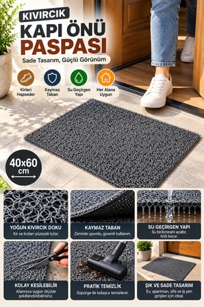 Gri Düz Kıvırcık Kapı Önü Paspası 40x60 cm Kaymaz Taban Dış Kapı Giriş Paspası PVC