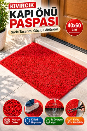 Kırmızı Düz Kıvırcık Kapı Önü Paspası 40x60 cm Kaymaz Taban Dış Kapı Giriş Paspası PVC