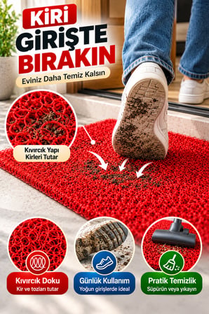 Kırmızı Düz Kıvırcık Kapı Önü Paspası 40x60 cm Kaymaz Taban Dış Kapı Giriş Paspası PVC