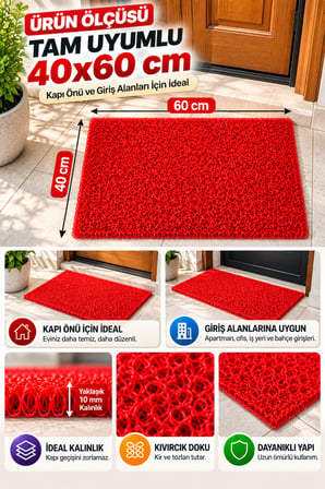 Kırmızı Düz Kıvırcık Kapı Önü Paspası 40x60 cm Kaymaz Taban Dış Kapı Giriş Paspası PVC