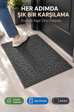 Siyah Düz Kıvırcık Kapı Önü Paspası 40x60 cm Kaymaz Taban Dış Kapı Giriş Paspası PVC