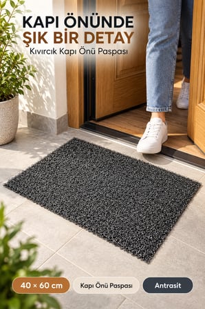 Siyah Düz Kıvırcık Kapı Önü Paspası 40x60 cm Kaymaz Taban Dış Kapı Giriş Paspası PVC