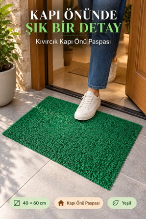 Yeşil Düz Kıvırcık Kapı Önü Paspası 40x60 cm Kaymaz Taban Dış Kapı Giriş Paspası PVC