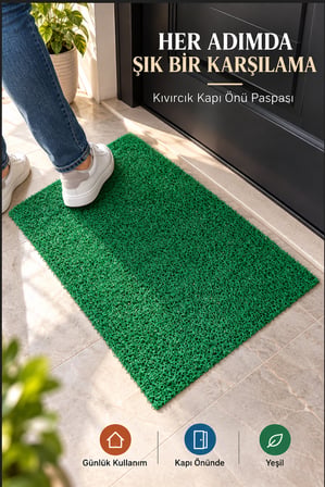 Yeşil Düz Kıvırcık Kapı Önü Paspası 40x60 cm Kaymaz Taban Dış Kapı Giriş Paspası PVC