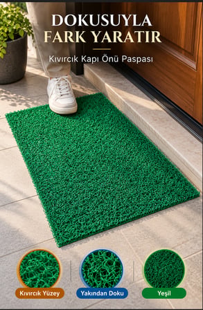 Yeşil Düz Kıvırcık Kapı Önü Paspası 40x60 cm Kaymaz Taban Dış Kapı Giriş Paspası PVC