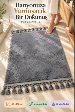 Gri Püsküllü Post Banyo Halısı 60x100 cm Yumuşak Dokulu Dekoratif Paspas Kaymaz Tabanlı Banyo Halısı