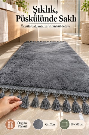 Gri Püsküllü Post Banyo Halısı 60x100 cm Yumuşak Dokulu Dekoratif Paspas Kaymaz Tabanlı Banyo Halısı