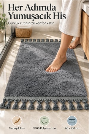 Gri Püsküllü Post Banyo Halısı 60x100 cm Yumuşak Dokulu Dekoratif Paspas Kaymaz Tabanlı Banyo Halısı