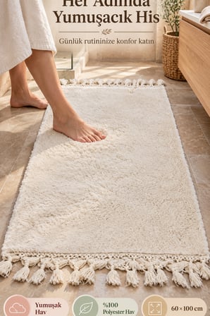 Krem Püsküllü Post Banyo Halısı 60 x 100 cm Yumuşak Dokulu Dekoratif Paspas Modern Banyo Yer Halısı.