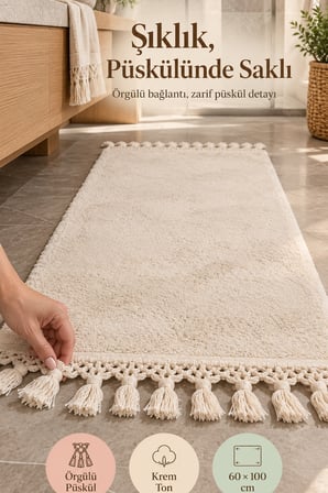 Krem Püsküllü Post Banyo Halısı 60 x 100 cm Yumuşak Dokulu Dekoratif Paspas Modern Banyo Yer Halısı.