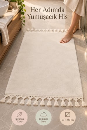 Krem Püsküllü Post Banyo Halısı 60 x 100 cm Yumuşak Dokulu Dekoratif Paspas Modern Banyo Yer Halısı.