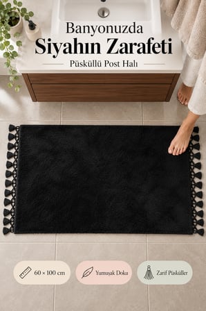 Siyah Püsküllü Post Banyo Halısı 60 x 100 cm Yumuşak Dokulu Dekoratif Paspas Modern Banyo Yer Halısı