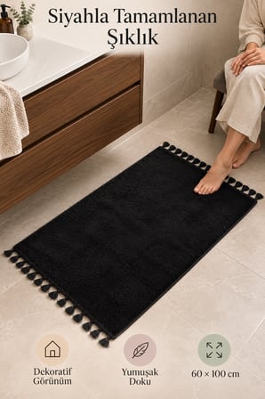 Siyah Püsküllü Post Banyo Halısı 60 x 100 cm Yumuşak Dokulu Dekoratif Paspas Modern Banyo Yer Halısı