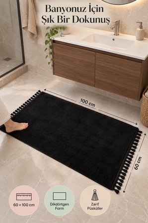 Siyah Püsküllü Post Banyo Halısı 60 x 100 cm Yumuşak Dokulu Dekoratif Paspas Modern Banyo Yer Halısı