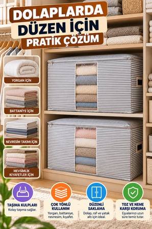 Gri Çizgili Mega Boy Pencereli Hurç 100x50x50 cm Yorgan Battaniye Kıyafet Saklama Düzenleyici Hurç