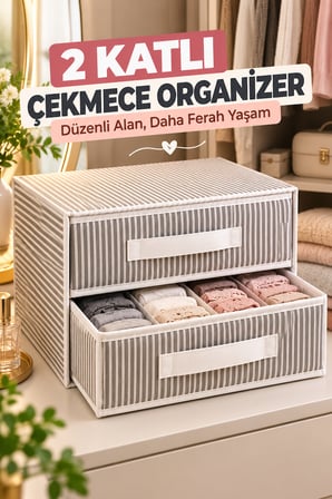 2 Katlı Çekmece Organizer Gri Çizgili Çorap İç Çamaşırı Dolap İçi Düzenleyici 31x30x22 cm Organizer.