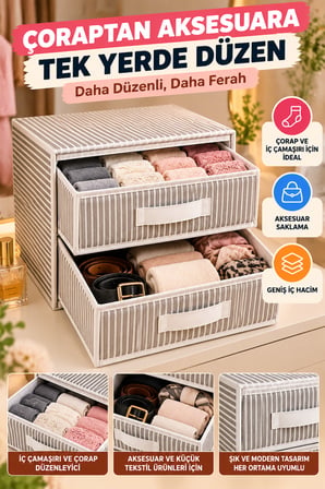 2 Katlı Çekmece Organizer Gri Çizgili Çorap İç Çamaşırı Dolap İçi Düzenleyici 31x30x22 cm Organizer.