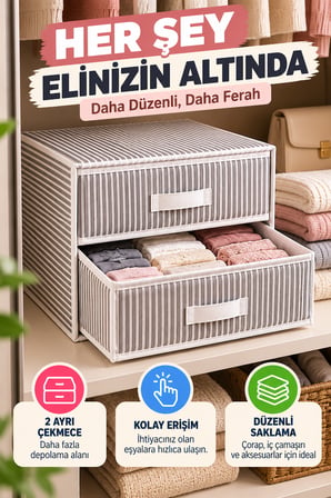 2 Katlı Çekmece Organizer Gri Çizgili Çorap İç Çamaşırı Dolap İçi Düzenleyici 31x30x22 cm Organizer.