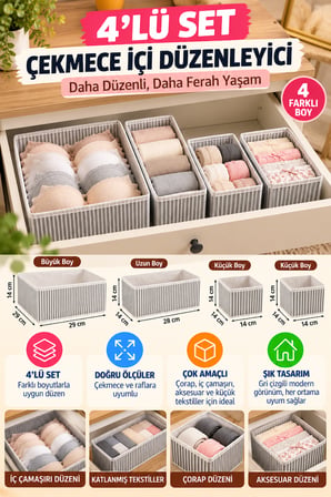 4'lü Çekmece İçi Organizer Seti Gri Çizgili Çorap İç Çamaşırı Dolap İçi Düzenleyici Saklama Kutusu
