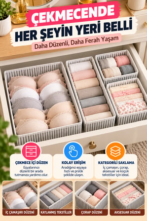 4'lü Çekmece İçi Organizer Seti Gri Çizgili Çorap İç Çamaşırı Dolap İçi Düzenleyici Saklama Kutusu