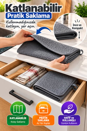 Gri Bez Mikrotex Bulaşık Kurutma Matı 45x36 cm Süper Emici Katlanabilir Tezgah Üstü Kurutma Matı