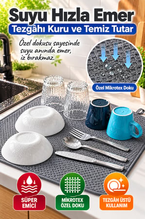 Gri Bez Mikrotex Bulaşık Kurutma Matı 45x36 cm Süper Emici Katlanabilir Tezgah Üstü Kurutma Matı