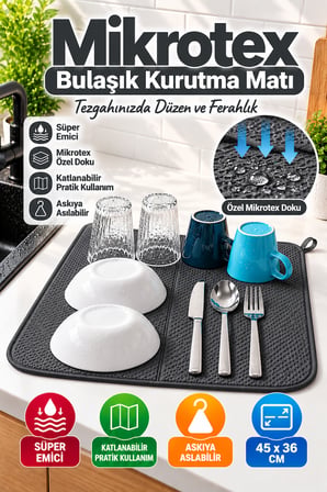 Antrasit Bez Mikrotex Bulaşık Kurutma Matı 45x36 cm Süper Emici Katlanabilir Tezgah Üstü Kurutma Matı