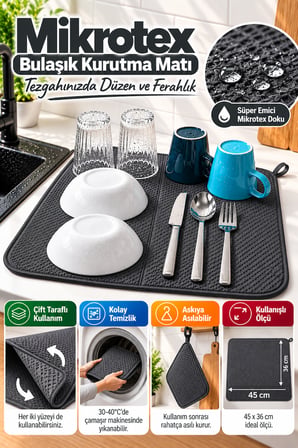 Antrasit Bez Mikrotex Bulaşık Kurutma Matı 45x36 cm Süper Emici Katlanabilir Tezgah Üstü Kurutma Matı