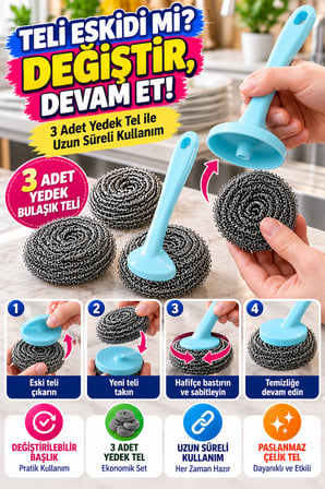 4'lü Süper Set Bulaşık Teli Fırçası 3 Yedek Tel Telli Bez Tencere Tava Mutfak Temizlik Seti
