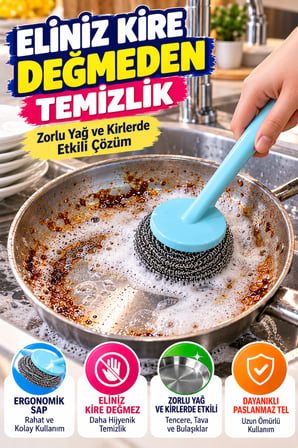 4'lü Süper Set Bulaşık Teli Fırçası 3 Yedek Tel Telli Bez Tencere Tava Mutfak Temizlik Seti