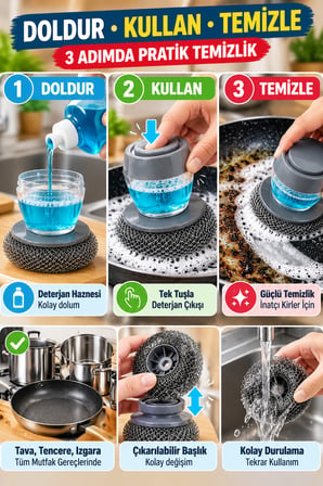 Deterjan Hazneli Telli Bulaşık Fırçası Basmalı Çelik Tel Tava Tencere Temizleme Aparatı Pratik Gri X