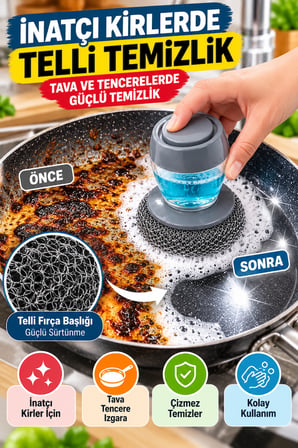 Deterjan Hazneli Telli Bulaşık Fırçası Basmalı Çelik Tel Tava Tencere Temizleme Aparatı Pratik Gri X