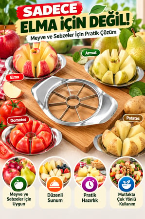 Elma Kesici Paslanmaz Çelik 8 Dilim Meyve Sebze Dilimleyici Pratik Mutfak Kesme Aparatı Ergonomik XL