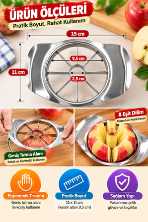 Elma Kesici Paslanmaz Çelik 8 Dilim Meyve Sebze Dilimleyici Pratik Mutfak Kesme Aparatı Ergonomik XL