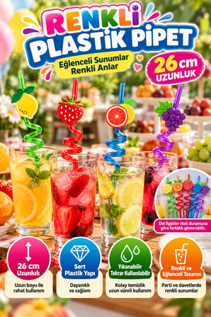 4'lü Renkli Spiral Pipet 26 cm Sert Plastik Yıkanabilir Tekrar Kullanılabilir Parti İçecek Pipeti XL