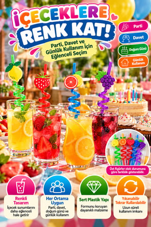 4'lü Renkli Spiral Pipet 26 cm Sert Plastik Yıkanabilir Tekrar Kullanılabilir Parti İçecek Pipeti XL