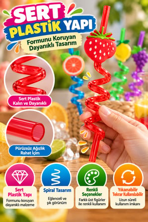 4'lü Renkli Spiral Pipet 26 cm Sert Plastik Yıkanabilir Tekrar Kullanılabilir Parti İçecek Pipeti XL