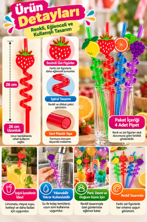 4'lü Renkli Spiral Pipet 26 cm Sert Plastik Yıkanabilir Tekrar Kullanılabilir Parti İçecek Pipeti XL