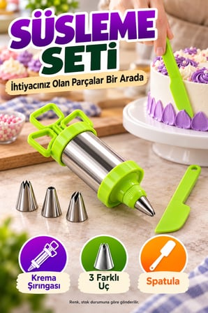 Pasta Süsleme Seti Krema Şırıngası Çelik Gövde Üç Uçlu Spatula Kek Cupcake Dekorasyon Mutfak Aparatı